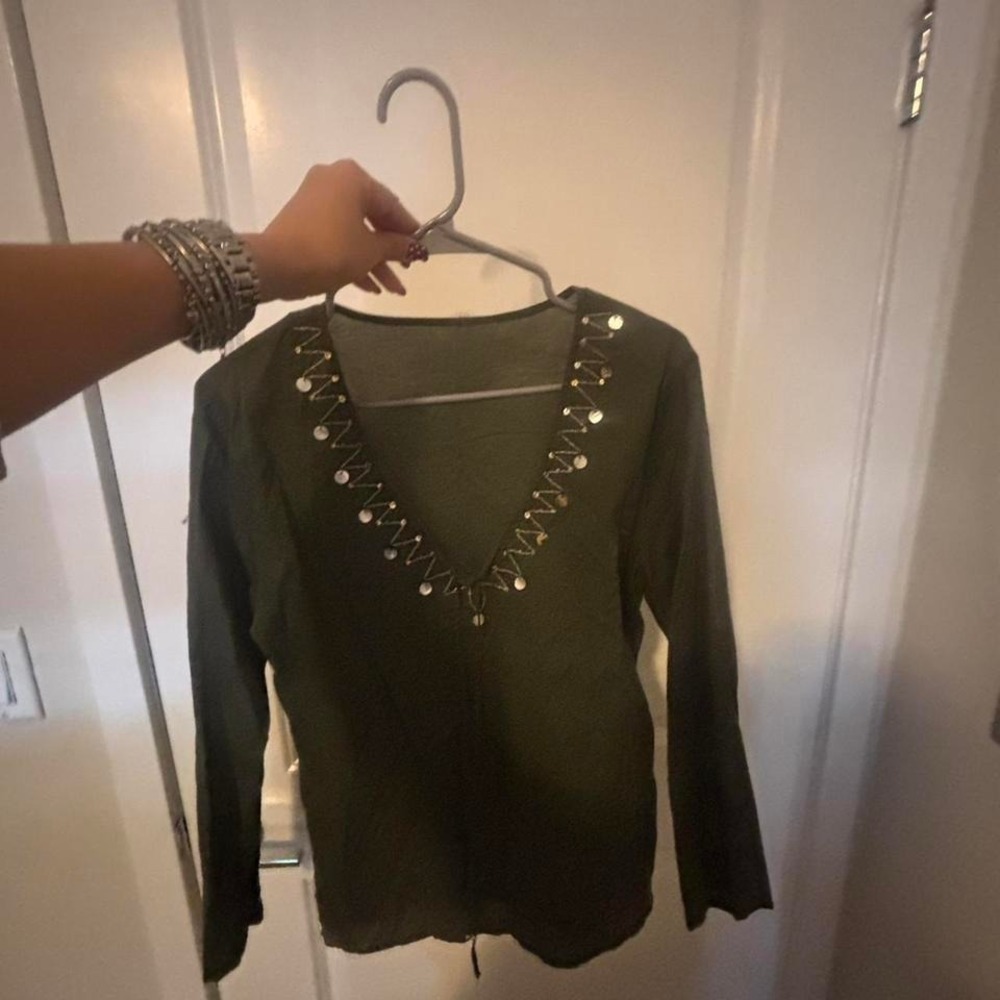 Khaki green long sleeve top with silver and gold beaded detailing - Picture 4 of 8